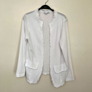 TEMPO PARIS Frill Raw Hem Asymmetrical Two Pocket Woven Open Cardigan, White- S
